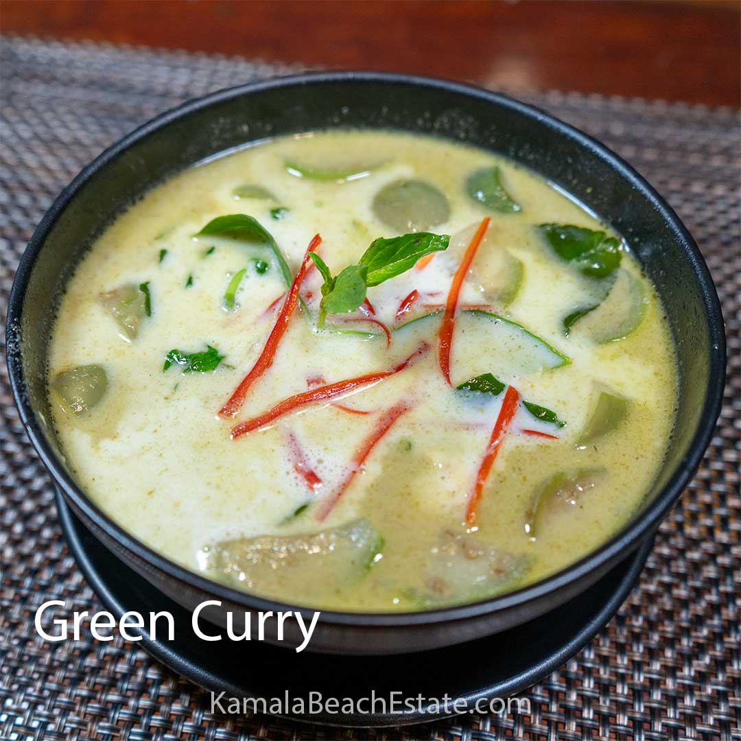 Authentic Thai Green Curry served at Kamala Beach Estate — rich coconut cream, fresh herbs, and just the right heat. A signature dish that brings Thailand’s flavors to life.