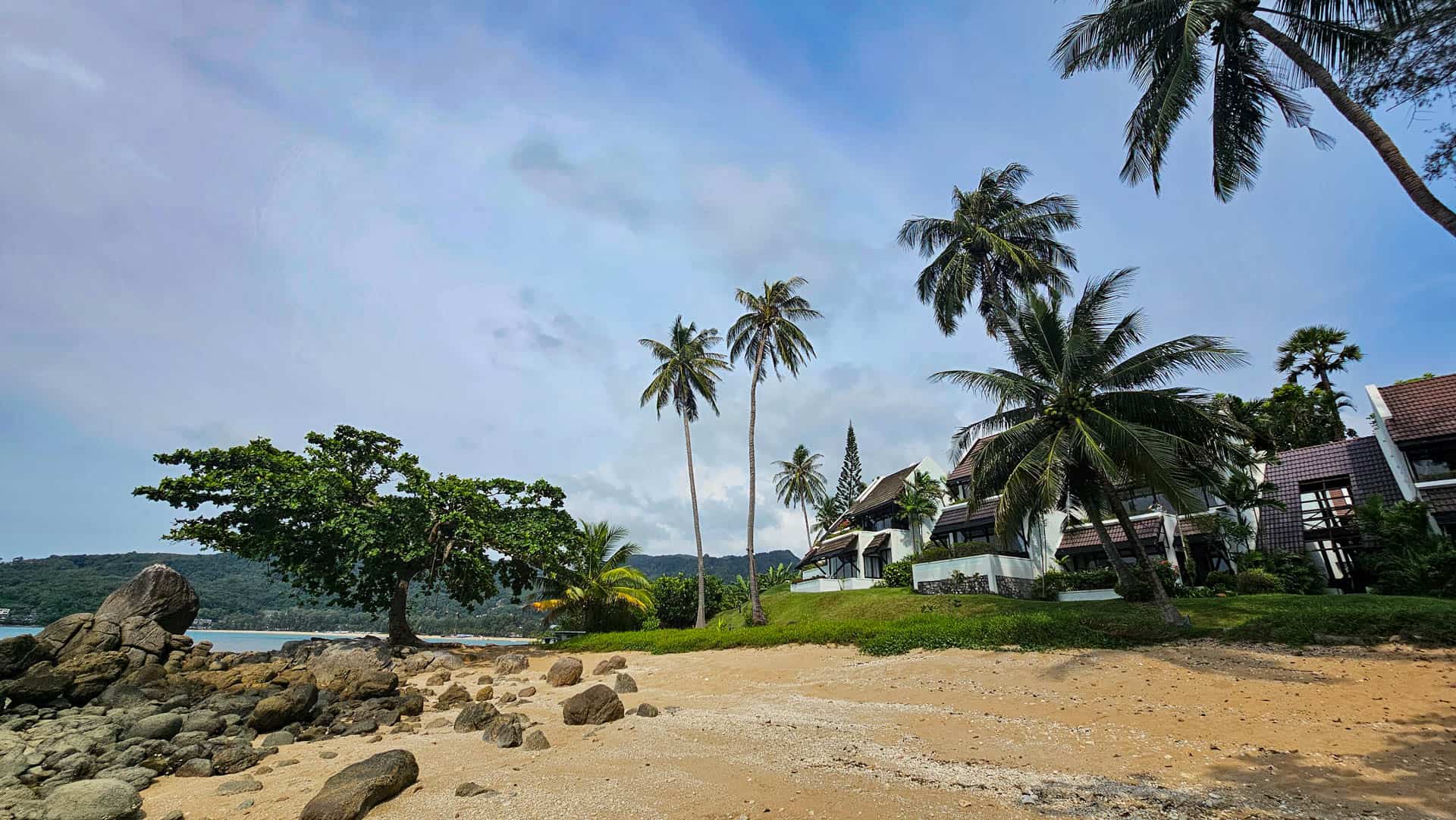 The small beach with sand and rocks, looking back towards the estate's palms and buildings